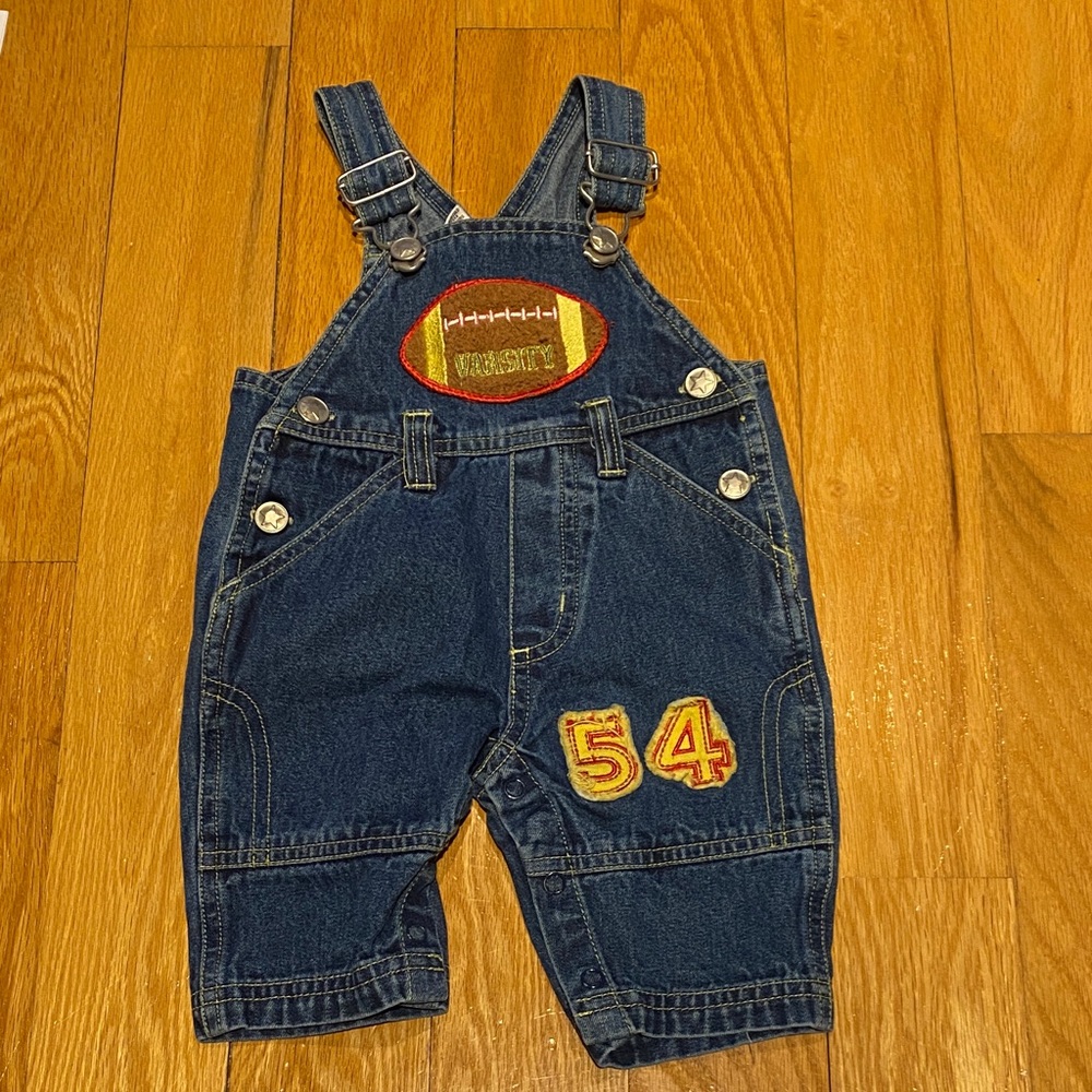 Vintage Denim Football Patch Overalls for baby